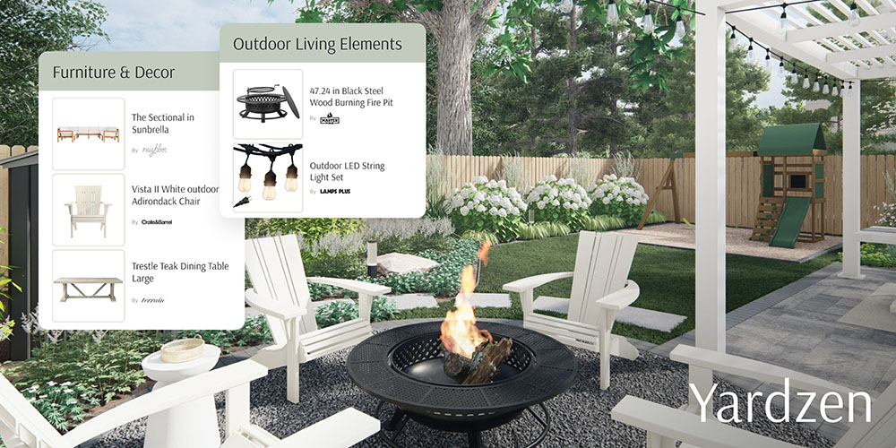 A modern backyard patio features white Adirondack chairs around a black fire pit, string lights, a dining table, lush plants, and a wooden fence. Overlay panels list furniture, decor, and outdoor living elements. Yardzen is in the corner.