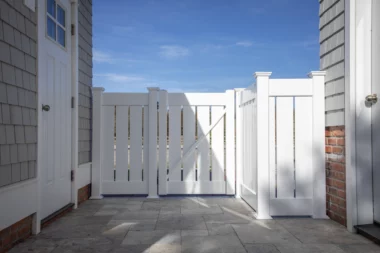 white vinyl semi-privacy fence gate