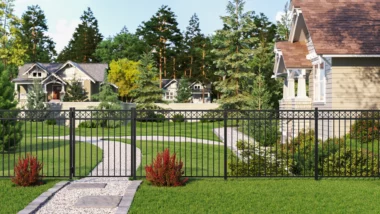 decorative black aluminum picket fence with gate
