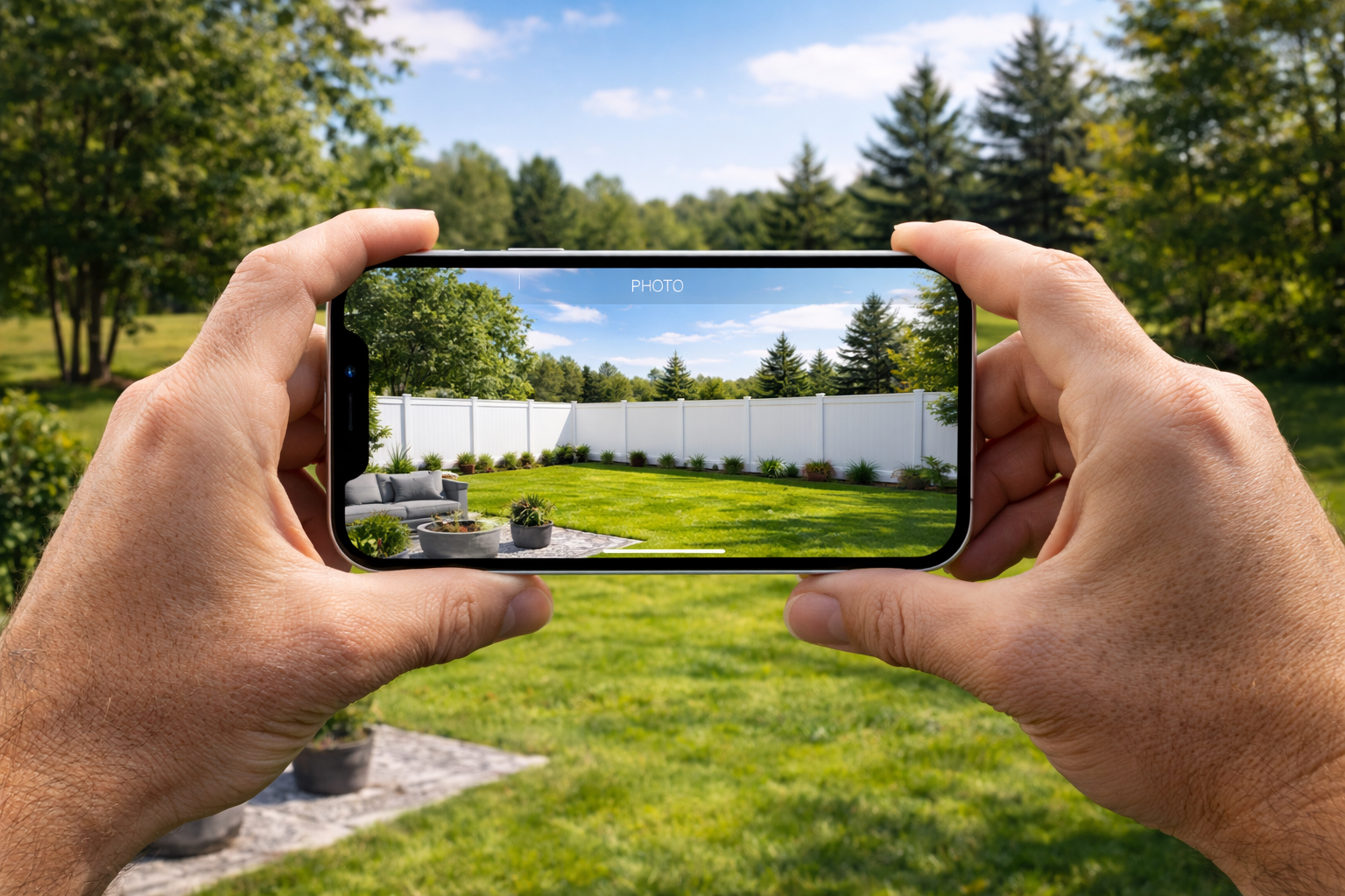 A person holds a smartphone, capturing a photo of a backyard with green grass, a white fence, outdoor furniture, and trees in the background on a sunny day.