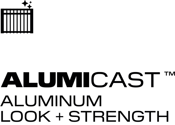 A black and white graphic with an icon of a fence and sparkling stars. Below, bold text reads ALUMICAST™ and underneath in smaller letters: ALUMINUM LOOK + STRENGTH.