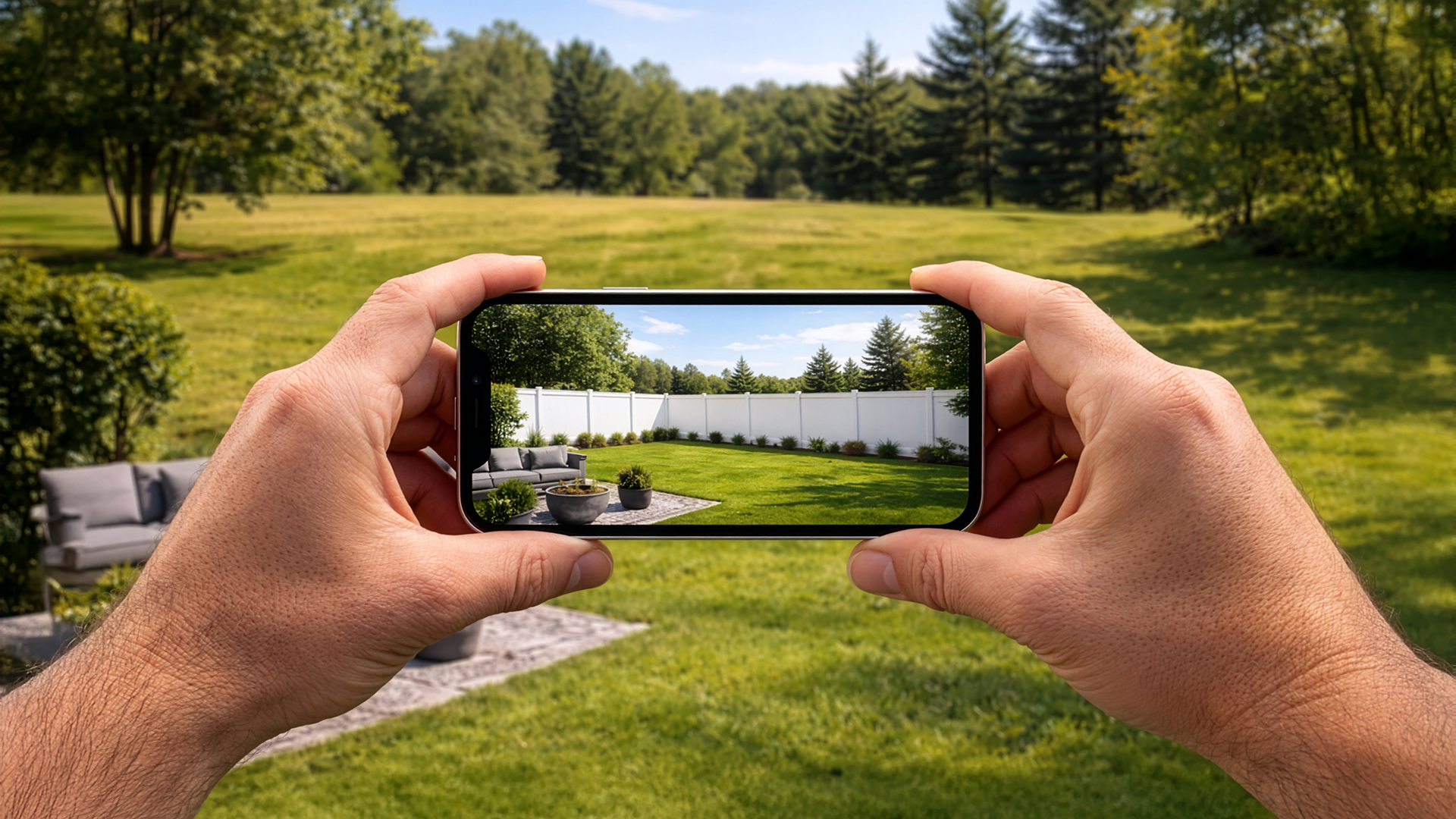 A person holds a smartphone, using it to visualize a white fence digitally added to a grassy backyard with outdoor furniture and trees in the background.