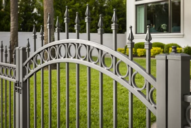 Orleans staggard finial top picket fence with arched gate