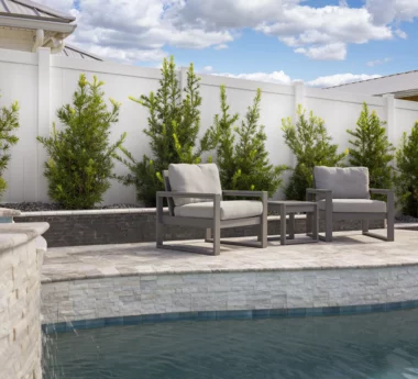 Madison solid horizontal privacy fence in white around backyard pool