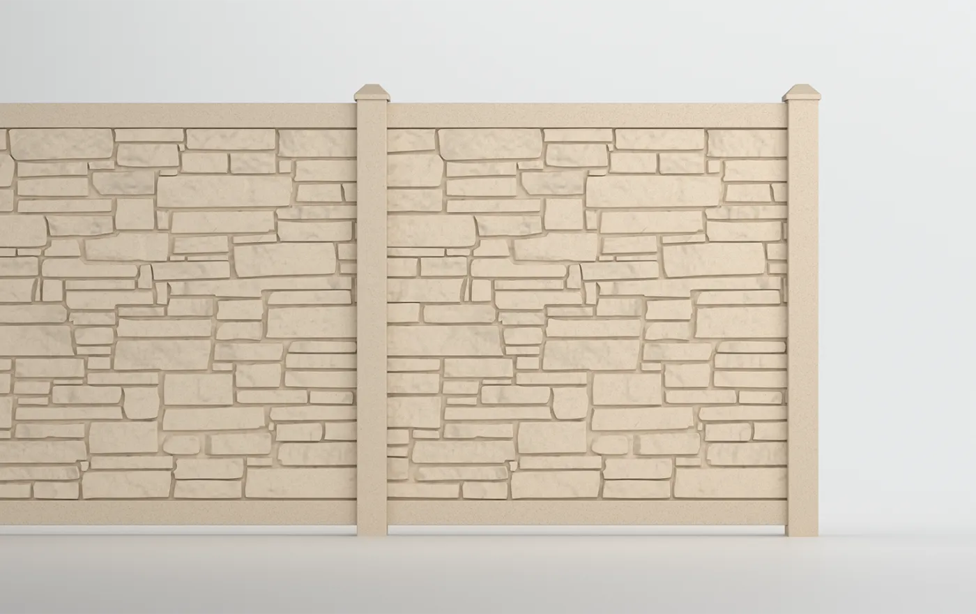 Image of a beige stone-patterned wall divided into two sections by vertical posts. The stones are rectangular and irregularly arranged, creating a textured appearance. The background is plain white, highlighting the walls details.