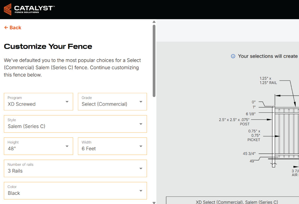 Screenshot of an online fence customization tool for Catalyst Fence Solutions. Options shown include program, grade, style, height, number of rails, and color, with details and a fence diagram on the right.