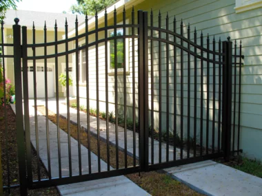 Orleans finial top picket fence with double swing gate
