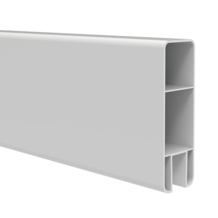 A close-up view of a rectangular, hollow, white plastic channel with two internal horizontal dividers and a smooth surface.