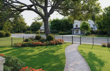Georgetown spear top picket fence and gate in black around homes front yard