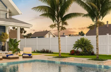 Hudson semi-private fence in white around back yard with pool