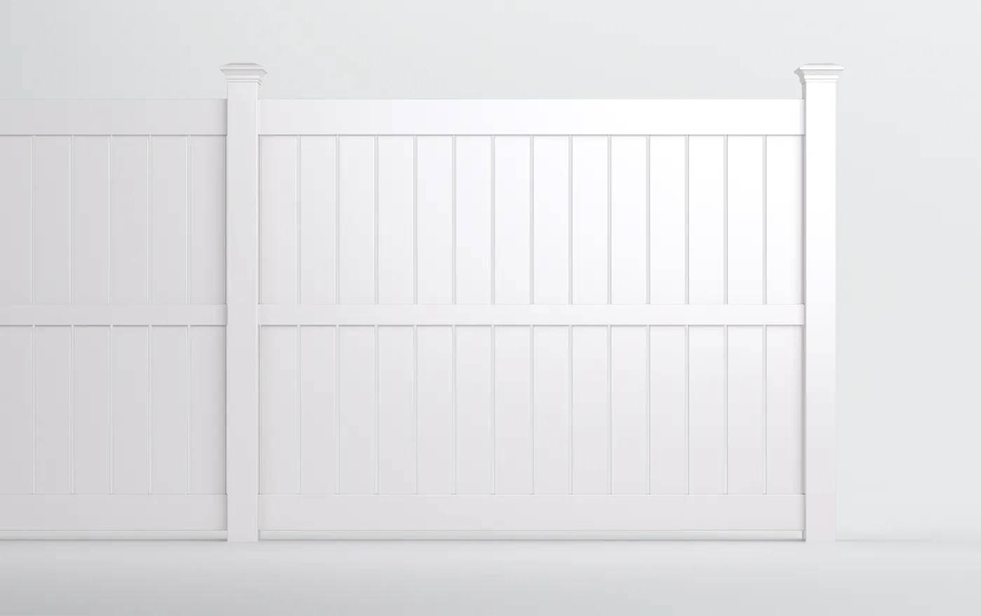 A white privacy fence with vertical slats is shown against a light gray background. The fence features two panels and a tall post on the left, providing a clean and minimalist appearance.