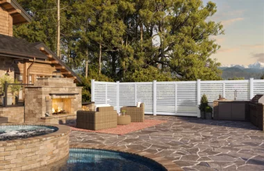 Largo horizontal semi-private fence in white around backyard lounge area and pool