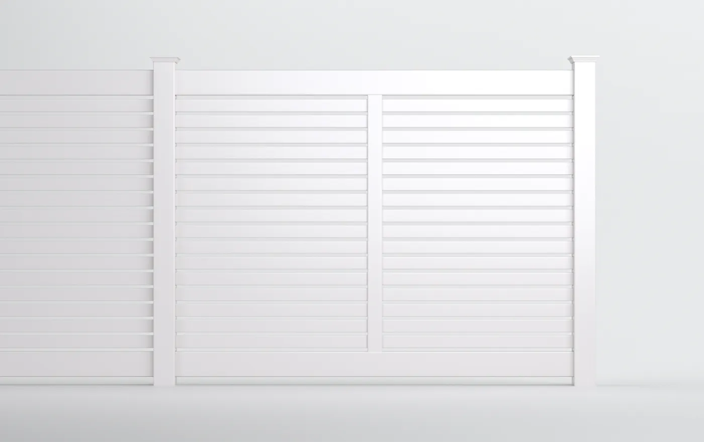 White horizontal slat fence with vertical posts against a plain background. The design is modern and minimalistic, offering a clean and simple aesthetic.