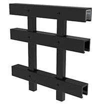 A 3D rendering of a black metal fence section with three horizontal bars and three vertical posts, featuring a modern, rectangular design.