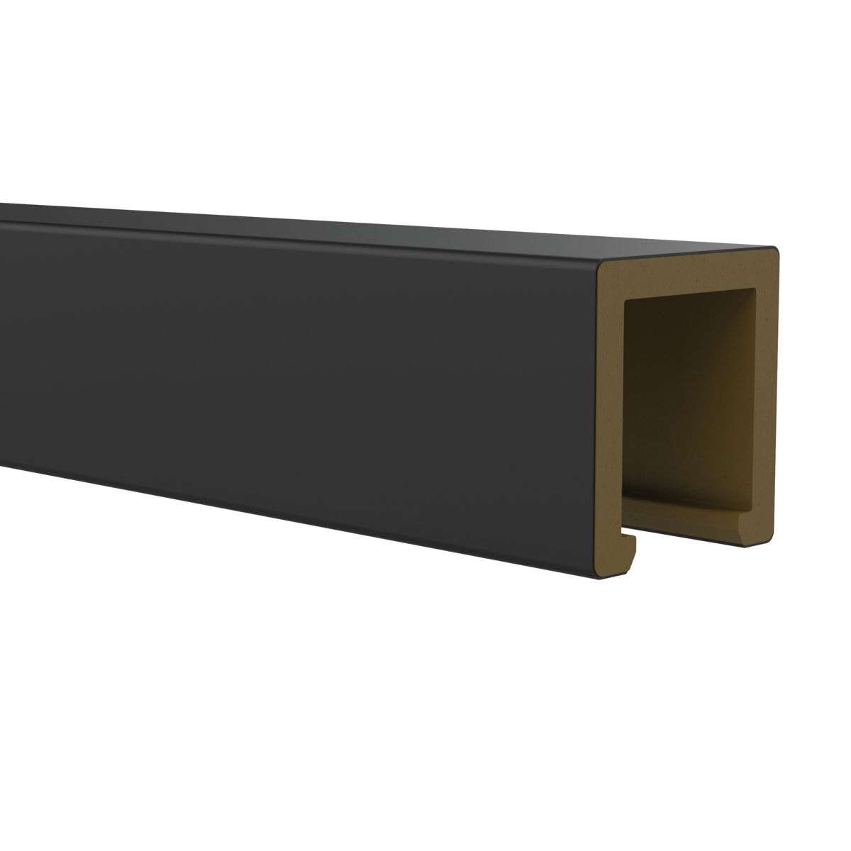 A 3D rendering of a black metal fence section with three horizontal bars and three vertical posts, featuring a modern, rectangular design.