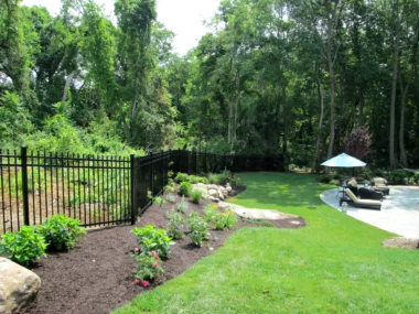 black aluminum picket fence between backyard and woods