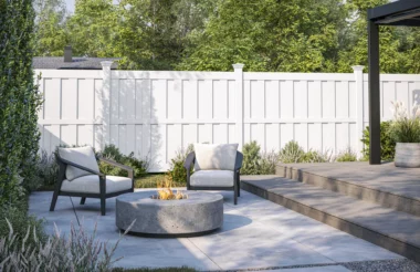 Montauk shadowbox semi private fence in white around backyard with fire pit