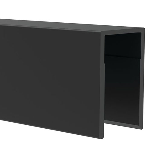 A black, rectangular metal channel with a U-shaped profile, shown on a white background. The open side of the channel faces outward, displaying its hollow interior.