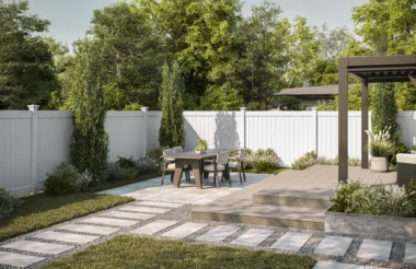 Newbury solid vertical privacy fence in white around outdoor patio