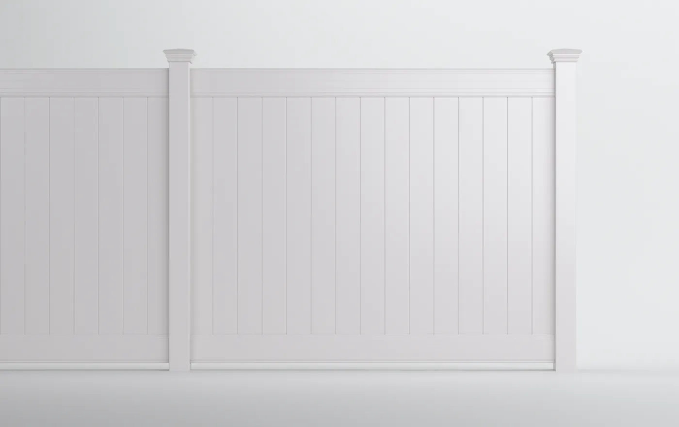 A white vinyl fence with vertical panels and decorative posts against a plain white background. The design is simple and clean, emphasizing the smooth surface and modern aesthetic.