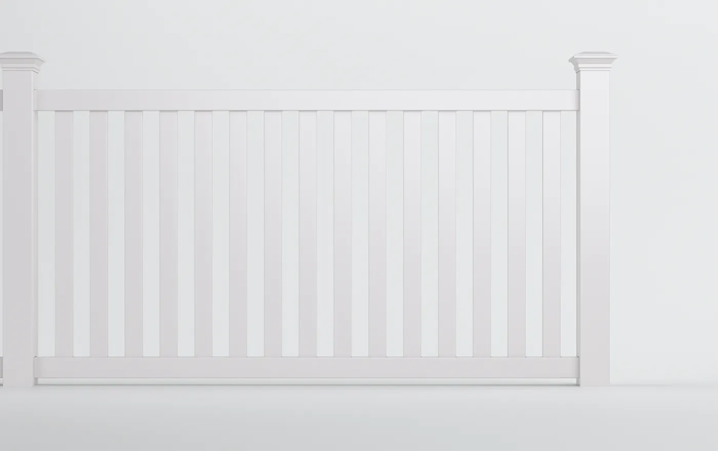 A plain white vinyl fence panel with vertical slats and a square post on each side, set against a light gray background.