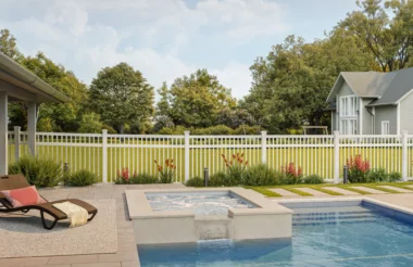 Norwalk Slim closed picket fence in white around pool area