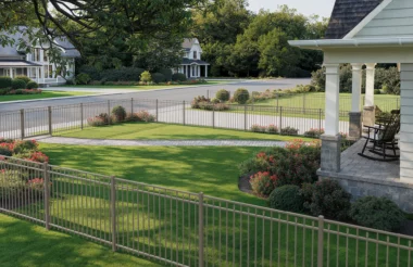 Salem alternating spear picket fence in matte bronze around front yard