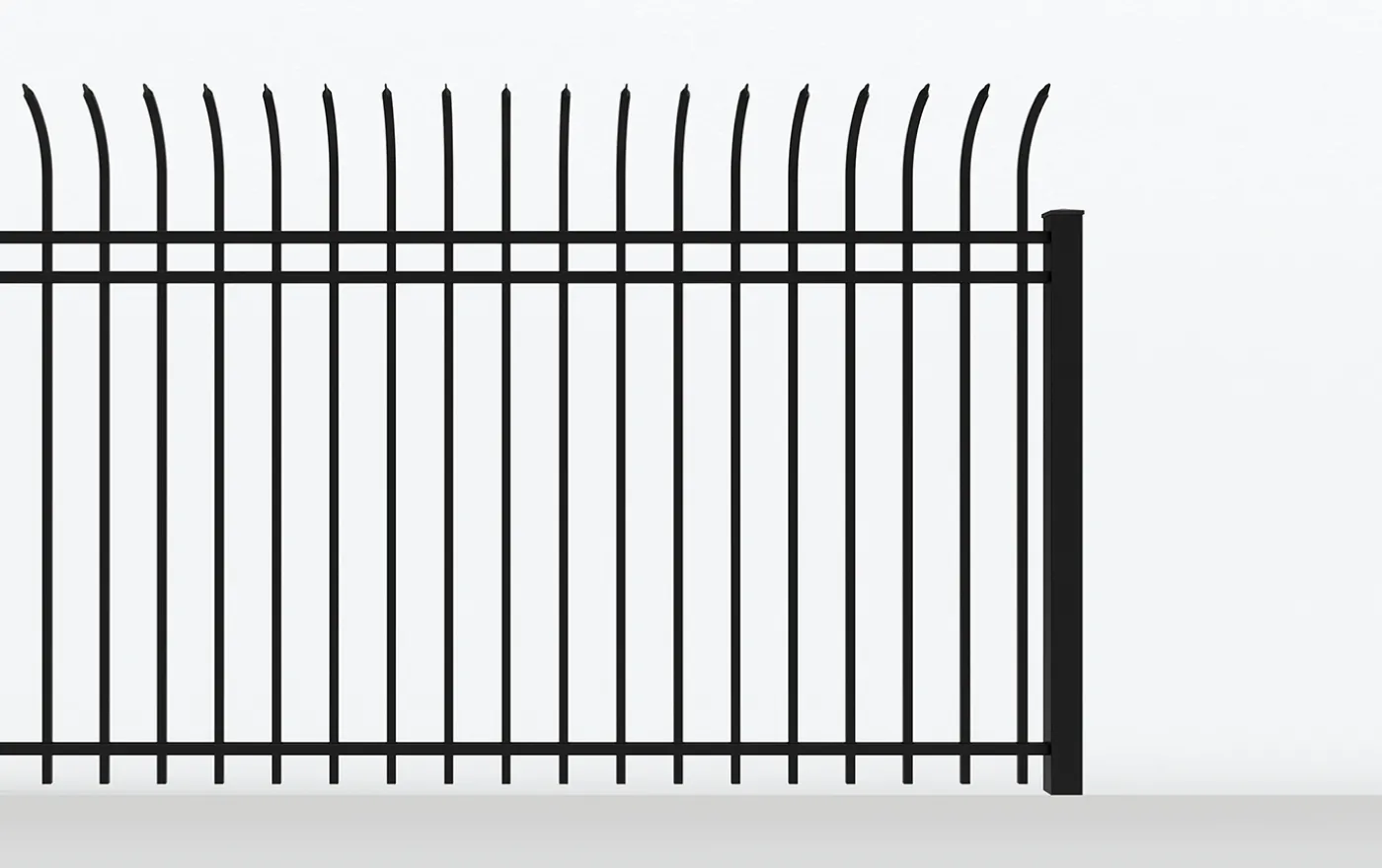A black metal fence with vertical bars and pointed tops against a plain white background. The design includes closely spaced vertical rods, connected by horizontal bars at the top and bottom.