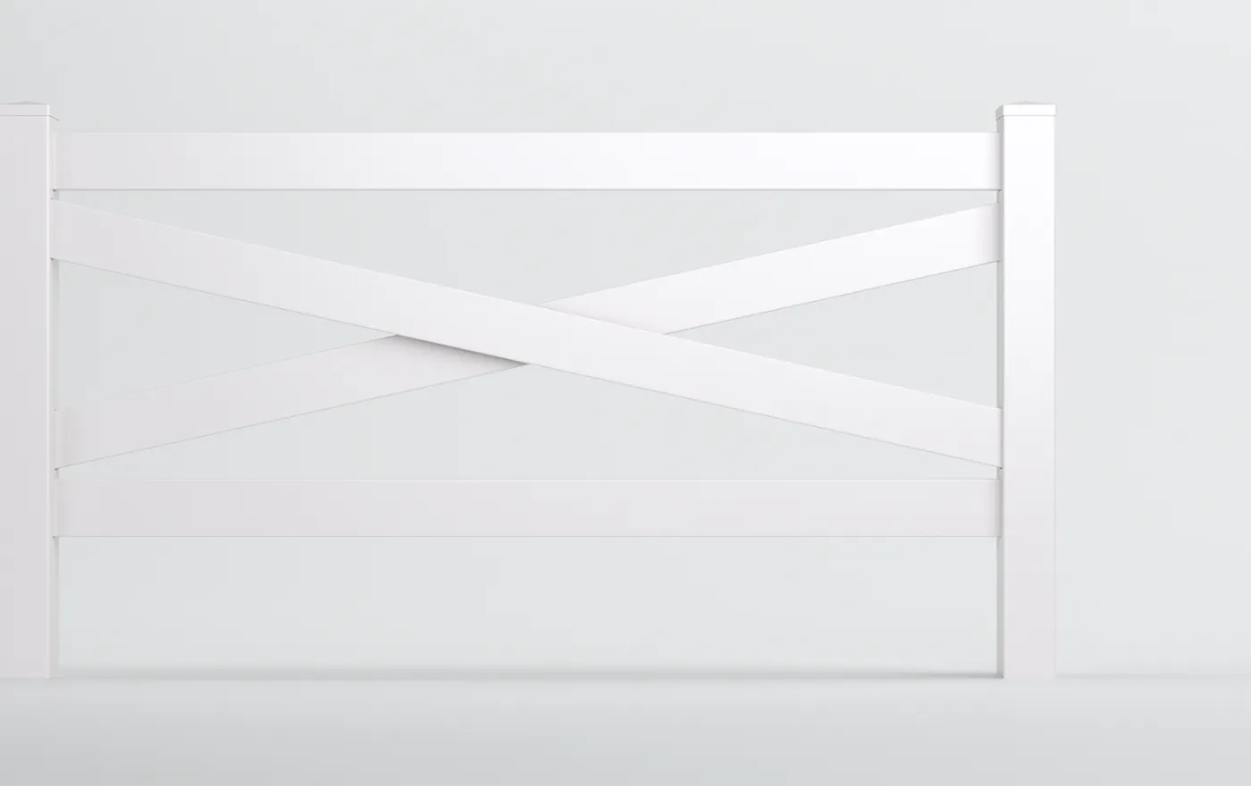A minimalist white fence design with horizontal and diagonal slats forming a central X pattern against a plain light gray background.