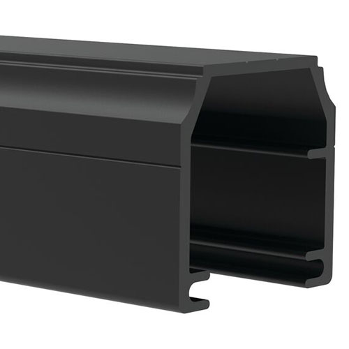 Black aluminum extrusion profile with a hollow rectangular shape and grooved edges, designed for structural or framing purposes in construction or industrial applications.