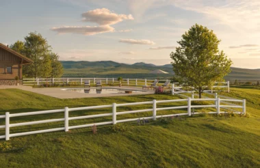 Sierra diamond post and rail fence in white around pool