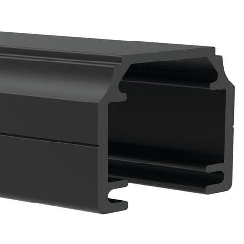 Close-up of a black, extruded aluminum profile with a hollow rectangular shape and grooves along the edges, designed for use in modular framing or construction.