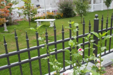 gray aluminum picket fence next to outdoor sitting area