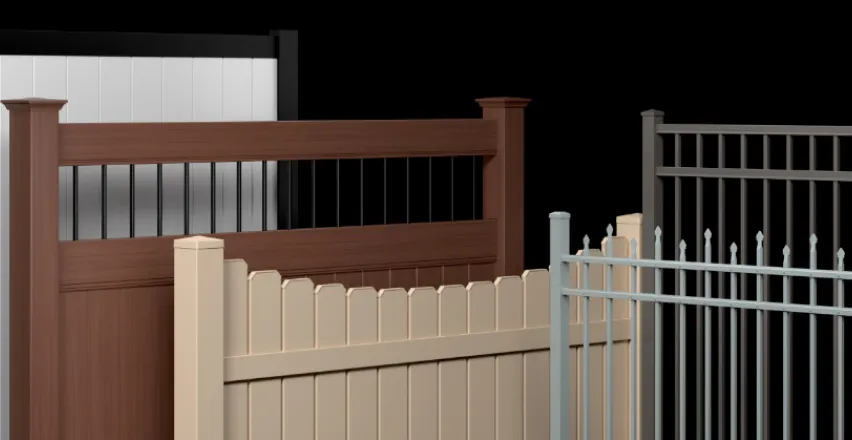 A display of four different fence styles against a black background. From left to right: a dark wooden with metal bars, a two-tone wood and metal, a beige picket, and a gray metal fence featuring vertical bars with decorative finials.
