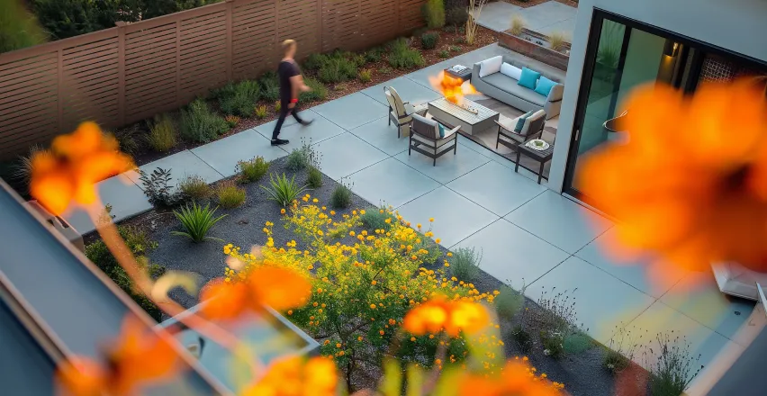 Aerial view of a modern backyard patio featuring concrete slabs, yellow flowers, a wooden privacy fence, and outdoor seating with cushions. A person walks along a path, and bright orange flowers frame the scene in the foreground.