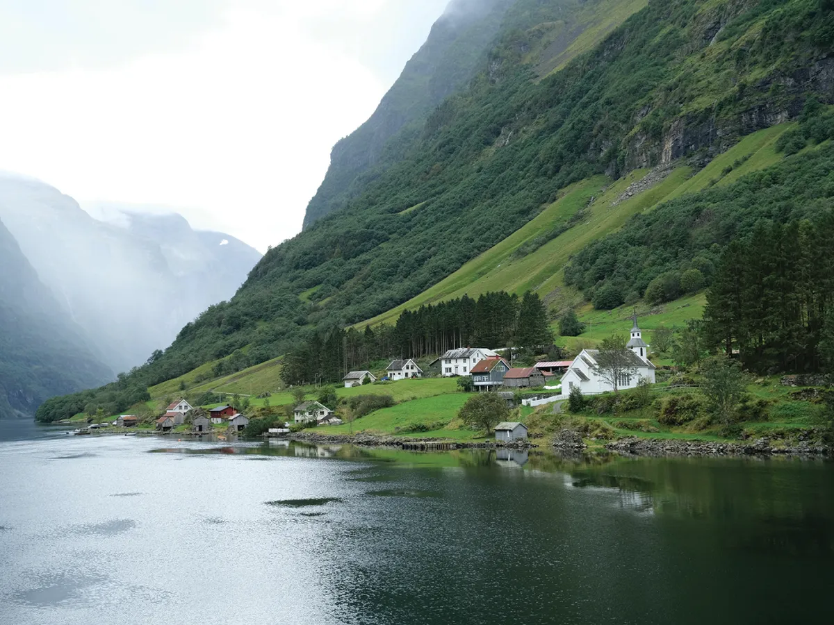 lake shore town in the mountains
