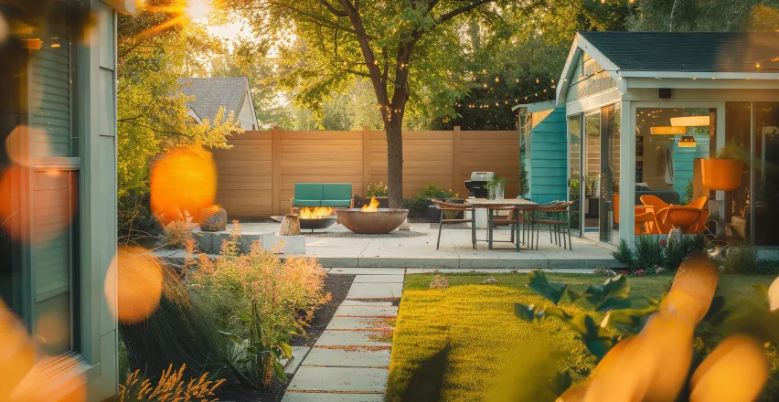 A cozy backyard patio with a round fire pit, surrounded by chairs and a table under string lights. The yard is bordered by a wooden fence, with lush greenery and flowers. The sun sets, casting a warm glow over the scene.